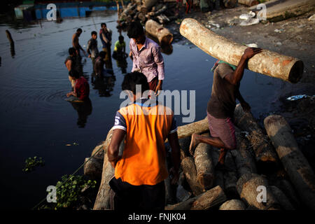 Dhaka, Dhaka, Bangladesh. 15. März 2016. 15. März 2016 Dhaka, Bangladesch '' "Bangladeshi Männer tragen Holz in Holz-Fabrik in Dhaka zu platzieren. Entwaldung ist eine große Bedrohung von Bangladesch. Entwaldung bedeutet Bäume in großer Zahl. Die Ursachen der Abholzung sind vielfältig. Laut Ökologen für lebenswerte Umwelt soll Wald auf dem Land 25 % der Gesamtfläche. In Bangladesch gibt es Wald 16 % der gesamten Landfläche. © K M Asad/ZUMA Draht/Alamy Live-Nachrichten Stockfoto