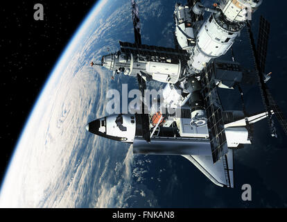 Raumstation ISS und Space Shuttle, die Erde umkreisen. 3D Szene. Stockfoto