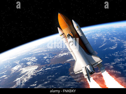 Space Shuttle im Weltraum. Realistische 3D Szene. Stockfoto