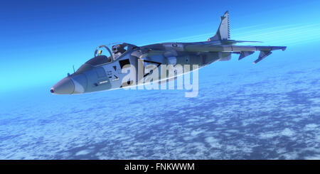 Eine Pilot braucht eine AV-8 b Harrier ll Kampfjet durch Flugmanöver auf einer Trainingsmission. Stockfoto