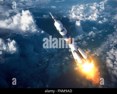 Träger-Raketenstart In den Wolken. 3D Szene. Stockfoto