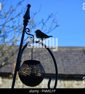 Sparrow auf Bird Feeder Silhouette mit Scheune hinter Stockfoto