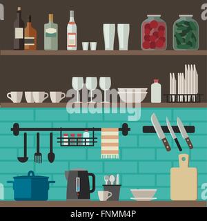 Kochutensilien in Regalen. Stock Vektor