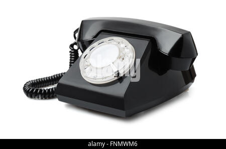 Alte schwarze Telefon mit Wählscheibe isoliert auf weiss Stockfoto