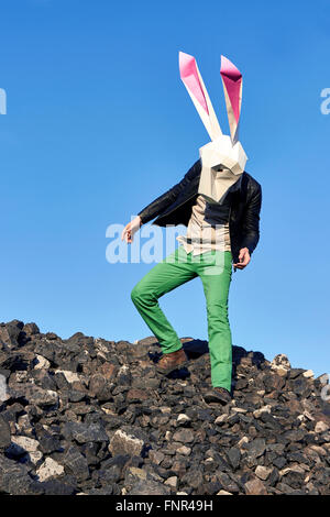 Grüner Rock Osterhase in der Geometrick-Maske im Frühjahr. Stockfoto