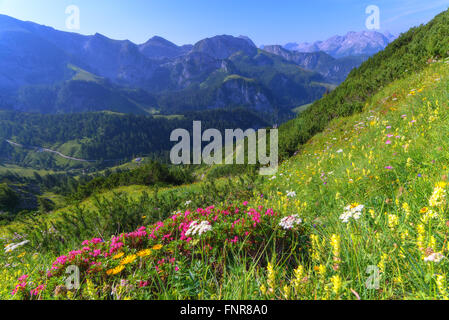 Schöne Aussicht von oben Seilbahn über dem Königssee-See auf Schneibstein Bergrücken. Grenze des deutschen und österreichischen Alpen, Stockfoto