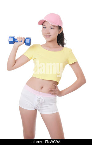 Schöne asiatische Frau arbeiten mit Hantel Gewichte isoliert auf weißem Hintergrund Stockfoto