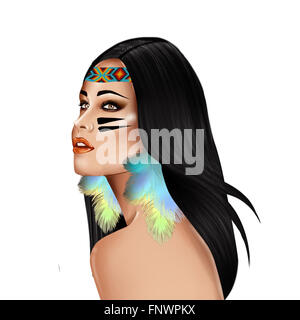 Hand gezeichnete Porträt von schönen einheimischen Mädchen Stockfoto