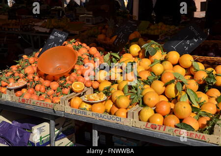 Orangen und Nektarinen zum Verkauf auf dem Cours Saleya in Nizza, Frankreich Stockfoto