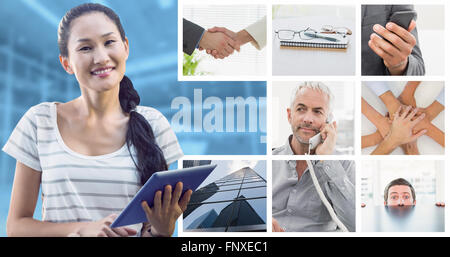 Zusammengesetztes Bild der Geschäftsfrau mit Tablet im Büro Stockfoto