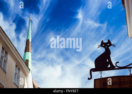 TALLINN, Estland - YUNI 12, 2015: Metallprofil einer Katze gegen den Himmel auf Pikk-Straße in der Altstadt von Tallinn, Estland Stockfoto