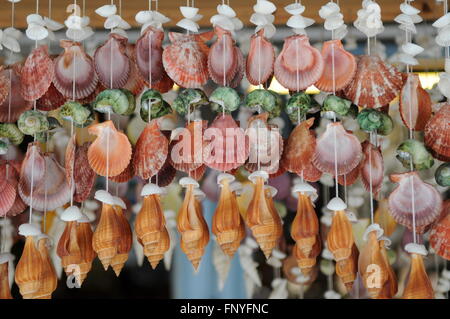 Muscheln, aufgereiht wie Windspiele auf dem lokalen Markt, Ban Phe, Provinz Rayong, Thailand. Kredit: Kraig Lieb Stockfoto