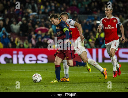 Barcelona, Katalonien, Spanien. 16. März 2016. FC Barcelona MESSI Partituren weiterleiten ein Tor in der Champions League Achtelfinale zweite Bein zwischen FC Barcelona und Arsenal FC im Stadion Camp Nou in Barcelona Credit: Matthias Oesterle/ZUMA Draht/Alamy Live News Stockfoto