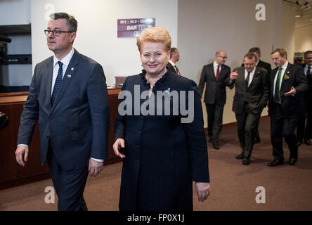 Die kroatische Premierministerin Tihomir Oreškovi? (L) und die litauische Staatspräsidentin Dalia Grybauskaite während Familienfoto am ersten Tag des EU-Gipfels der Staats-und Regierungschefs auf Migration am Sitz des Europäischen Rates in Brüssel, Belgien auf 17.03.2016 von Wiktor Dabkowski Stockfoto