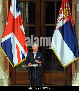 Belgrad, Serbien. 17. März 2016. Britischer Prinz Charles, Prinz von Wales, spricht bei einem Empfang des serbischen Parlaments in Belgrad, Serbien, am 17. März 2016. Prinz Charles und seine Frau Camilla, Herzogin von Cornwall, haben einen 2-Tages-Besuch in Serbien. Bildnachweis: Predrag Milosavljevic/Xinhua/Alamy Live-Nachrichten Stockfoto