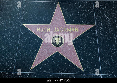 HOLLYWOOD, Kalifornien - 8. Februar 2015: Hugh Jackmans Hollywood Walk of Fame Stern am 8. Februar 2015 in Hollywood, Kalifornien. Stockfoto