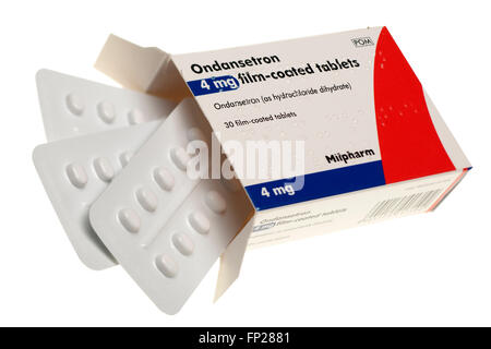 Schachtel mit 30 Milpharm Ondansetron 4mg Filmtabletten Stockfoto