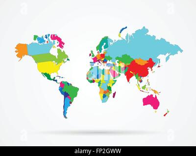 Abbildung einer bunten Weltkarte isoliert auf einem weißen Hintergrund. Stock Vektor
