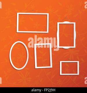 Abbildung der hängenden weißer Rahmen auf einem bunten orange Hintergrund. Stock Vektor