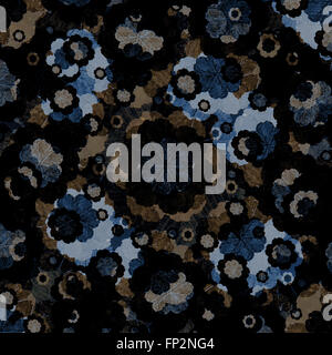 Digitale Collage-Technik Fel Tipp Stil Collage Blumenmuster Designmotiv in indigo und braunen Farben. Stockfoto