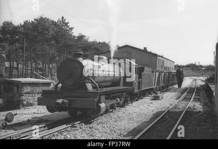 Von Sir Arthur Heywood in 1894 und benannte Muriel erbaut, ist River Irt die ältesten arbeiten 15 Zoll Spurweite Lokomotive der Welt. Es wird angenommen, sie sah Service in der Munitionsfabrik in Gretna (als 0-8-0 t Muriel) vor der Ankunft in Ravenglass im Jahre 1917, wo sie anschließend wieder aufgebaut und im Jahre 1927 umbenannt. Hier am Bahnhof Ravenglass in den 1930er Jahren zu sehen Stockfoto