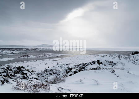 Ein Blick über den Mittelatlantischen Rücken in Thingvellir in Island an einem Wintertag Stockfoto