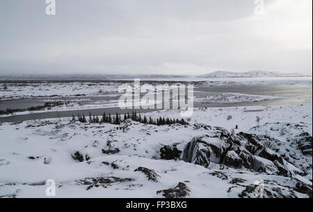 Ein Blick über den Mittelatlantischen Rücken in Thingvellir in Island an einem Wintertag Stockfoto