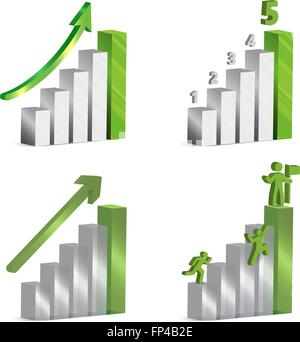 3D Landkarten mit grau und grün metallic und Glas Bars, Pfeile, Zahlen und Symbole der Männer kletterten bis zum Erfolg. Stock Vektor