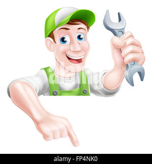 Ein glückliches Cartoon Klempner oder Mechaniker Mann halten ein Schraubenschlüssel oder Schraubenschlüssel und nach unten Stockfoto