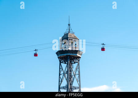 Seilbahnen über Barcelona Hafen Stockfoto