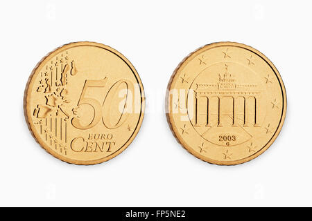 50 Eurocent Münze isoliert auf weißem Hintergrund Stockfoto