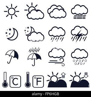 16 Wettersymbole auf weißem Hintergrund. Vektor-Illustration. Stock Vektor