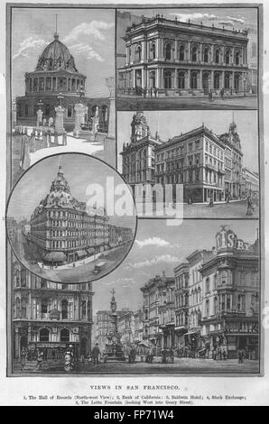 SAN FRANCISCO: Bank California Baldwin Hotel Börse Lotta Brunnen, 1882 Stockfoto