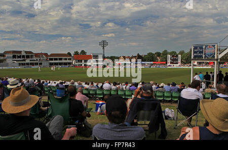 Eine Gesamtansicht der Zuschauer Cricket an einem sonnigen Tag auf dem Spitfire Ground, St Lawrence in Canterbury. Stockfoto