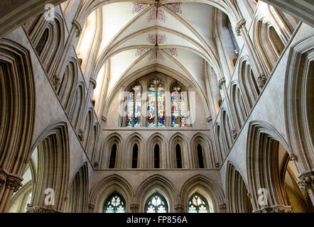 Südlichen Querschiff Glasfenster. Wells Cathedral. Somerset, England Stockfoto