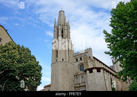 Glockenturm der Basilika de Sant Feliu (Collegiate Church of Sant Felix) im Abendlicht in Girona, Katalonien, Spanien. Stockfoto