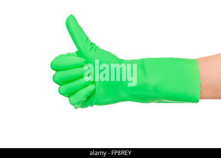 OK Zeichen hand in einem grünen Handschuh. Stockfoto