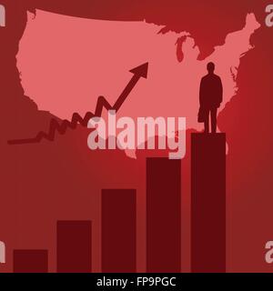 Bild eines Balkendiagramms und Geschäftsmann auf rotem Grund. Stock Vektor