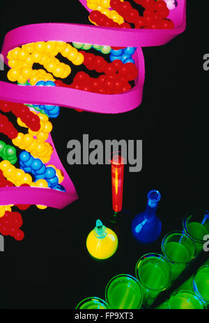 DNA-Molekül mit Chemie-Labor-Ware, fluoreszierende Chemikalien enthalten Stockfoto