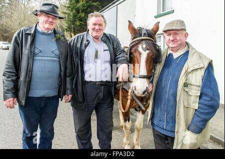 Ballydehob, Irland. 17. März 2016. Abgebildet auf der Ballydehob St. Patricks Day Parade waren: Christie Hurley; Sean O'Sullivan; "Dolly" und Ger O' Driscoll. Bildnachweis: Andy Gibson/Alamy Live-Nachrichten. Stockfoto