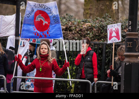 London, UK. 18. März 2016. Aktivisten protestieren gegenüber der japanischen Botschaft gegen das brutale jährliche Abschlachten von Delfinen in Taiji in Japan Credit: Mark Kerrison/Alamy Live News Stockfoto