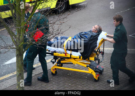 Sanitäter, die Machenschaften der Patient auf einer Bahre in einen Krankenwagen in einem Wohngebiet von Nord-London Stockfoto