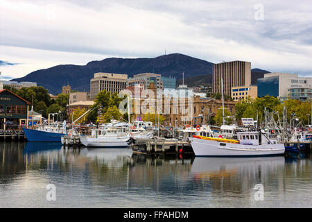 Hobart Harbour Hafen Tasmanien Australien zeigt Fischereifahrzeuge und mount wellington Stockfoto