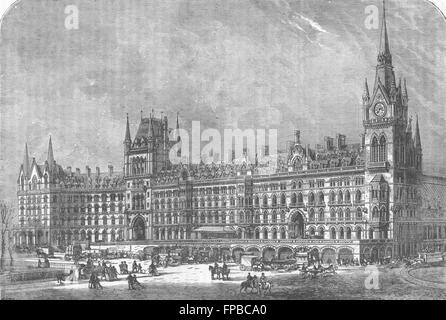 LONDON: Front von St Pancras Station & Hotel, antique print 1880 Stockfoto