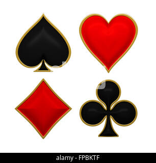 Karte-Anzüge mit goldenen Rahmung. Isoliert auf weiss Stockfoto