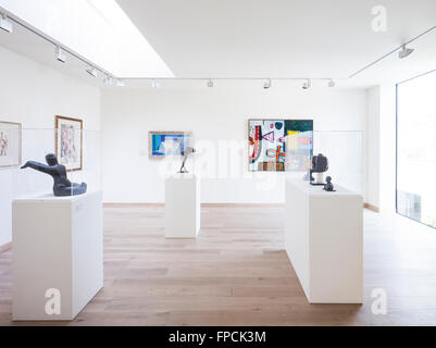 Ein Vorführraum in einer Kunstgalerie mit Kunst an den Wänden, Figuren in Vitrinen, vor dem Hintergrund eines weißen Wänden. Stockfoto