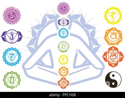 Chakras und Spiritualität Symbole auf den Menschen im Lotussitz Stock Vektor