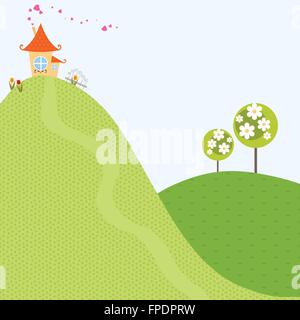 Haus Baum Frühling Hintergrund Himmel Haus Hügel Garten schöne Blumendorf Land-Vektor-Illustration Stock Vektor