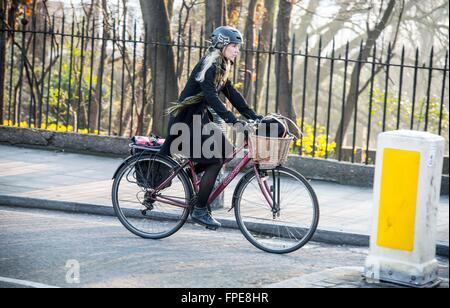 Frau s Reiten sitzen und betteln Fahrradkorb Stockfoto