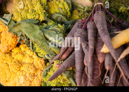 Karotten und Blumenkohl zum Verkauf an Downtown Farmers Market, San Luis Obispo, Kalifornien Stockfoto